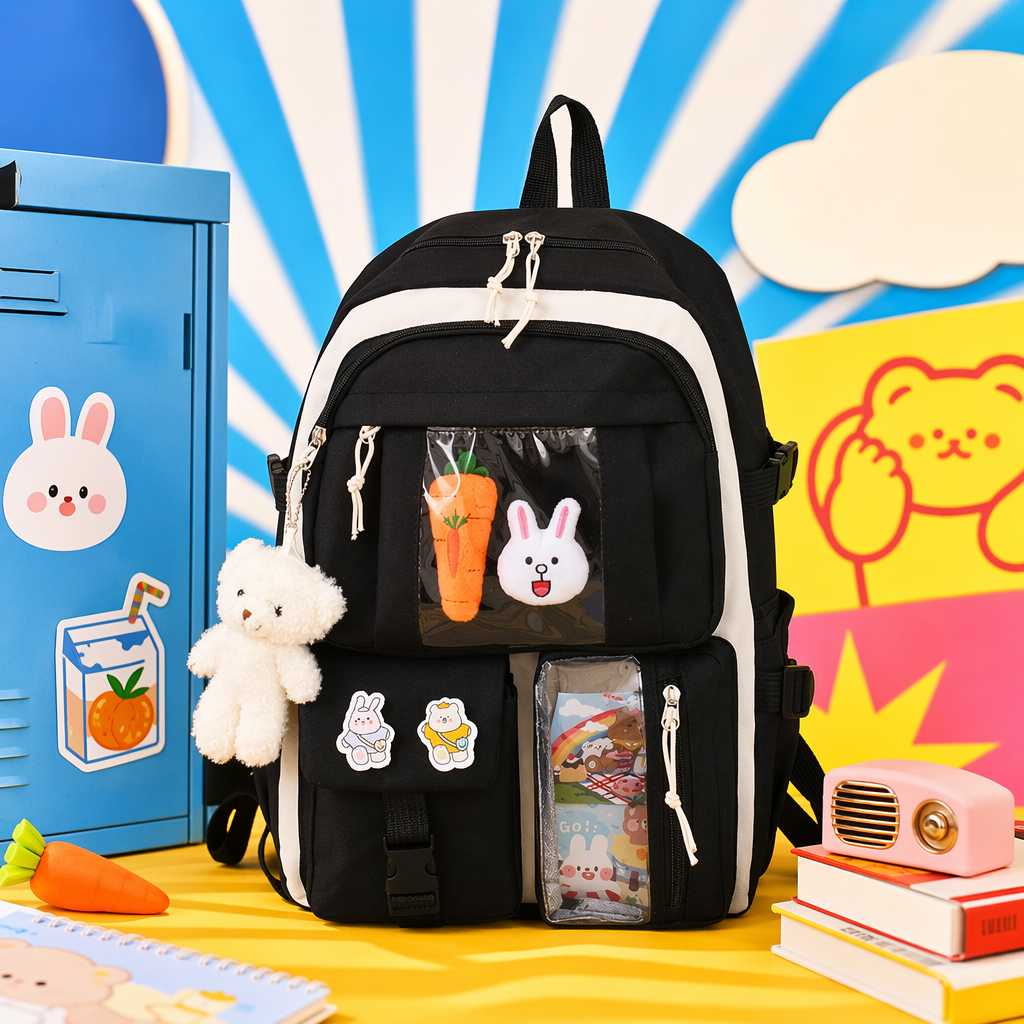 Black and white color-matched fashionable casual backpack, large-capacity lightweight student commuting backpack Specification image