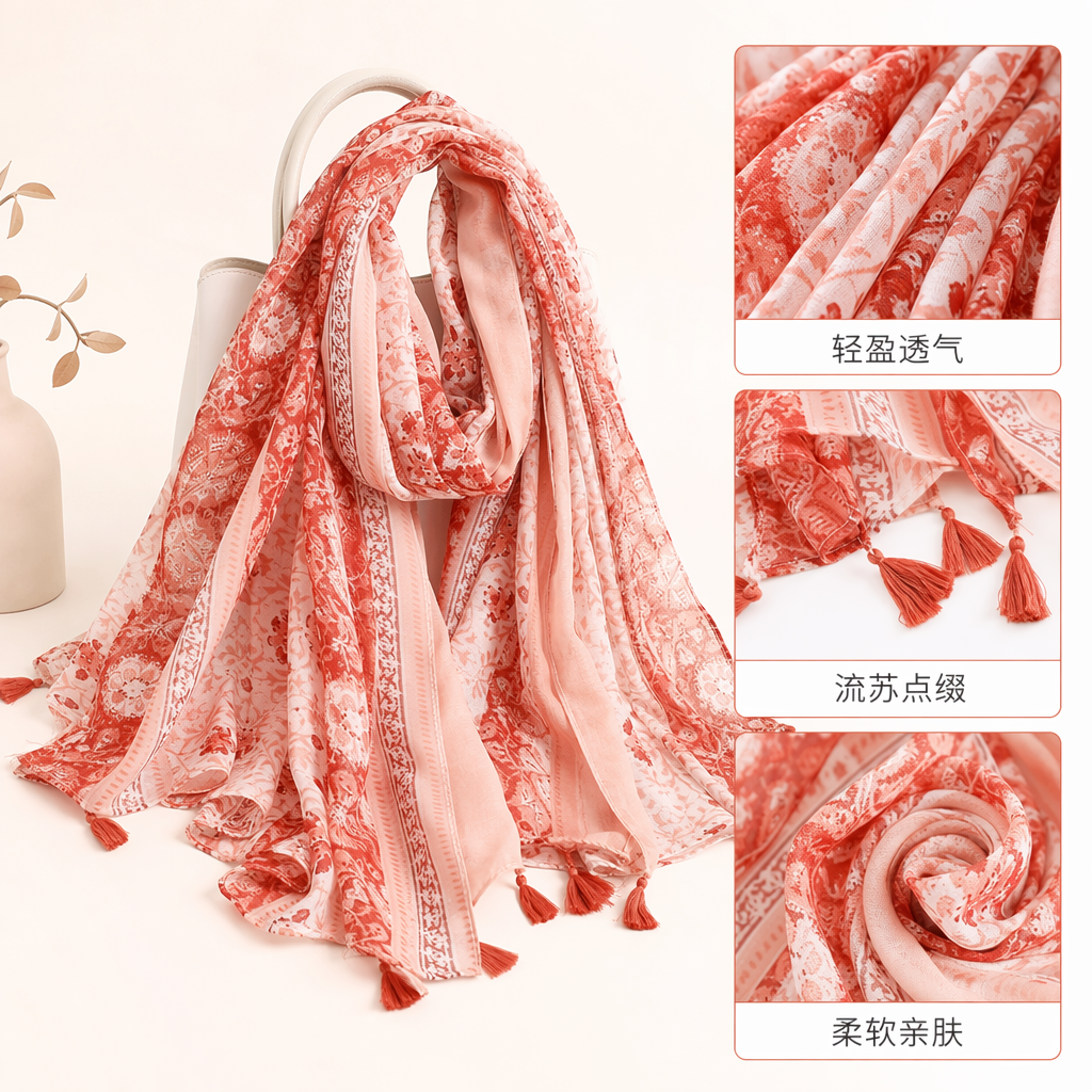 Orange-red floral pattern scarf for warm autumn and winter, pure cotton knitted women's scarf