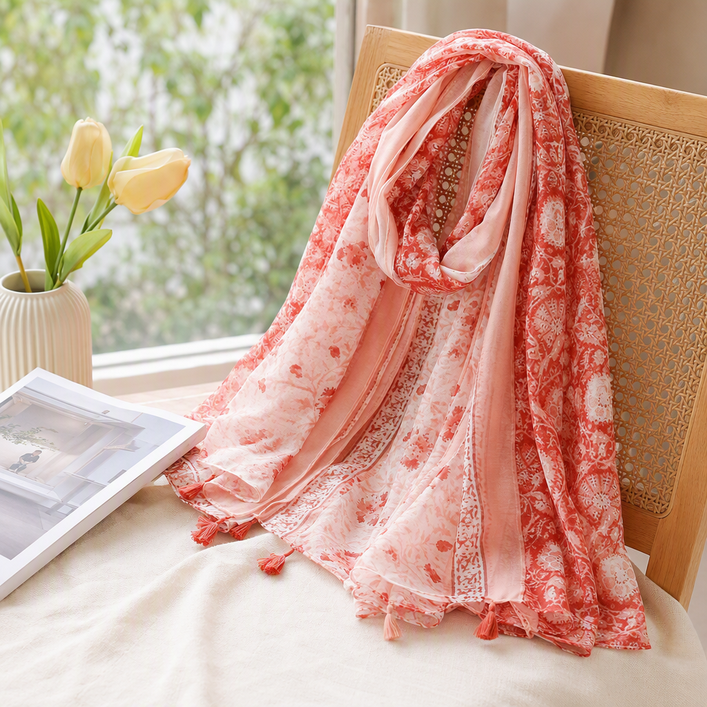 Orange-red floral pattern scarf for warm autumn and winter, pure cotton knitted women's scarf details Picture