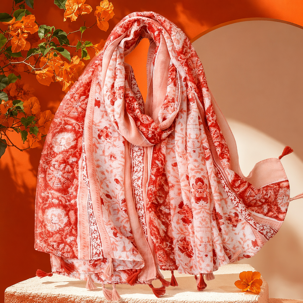 Orange-red floral pattern scarf for warm autumn and winter, pure cotton knitted women's scarf Specification image