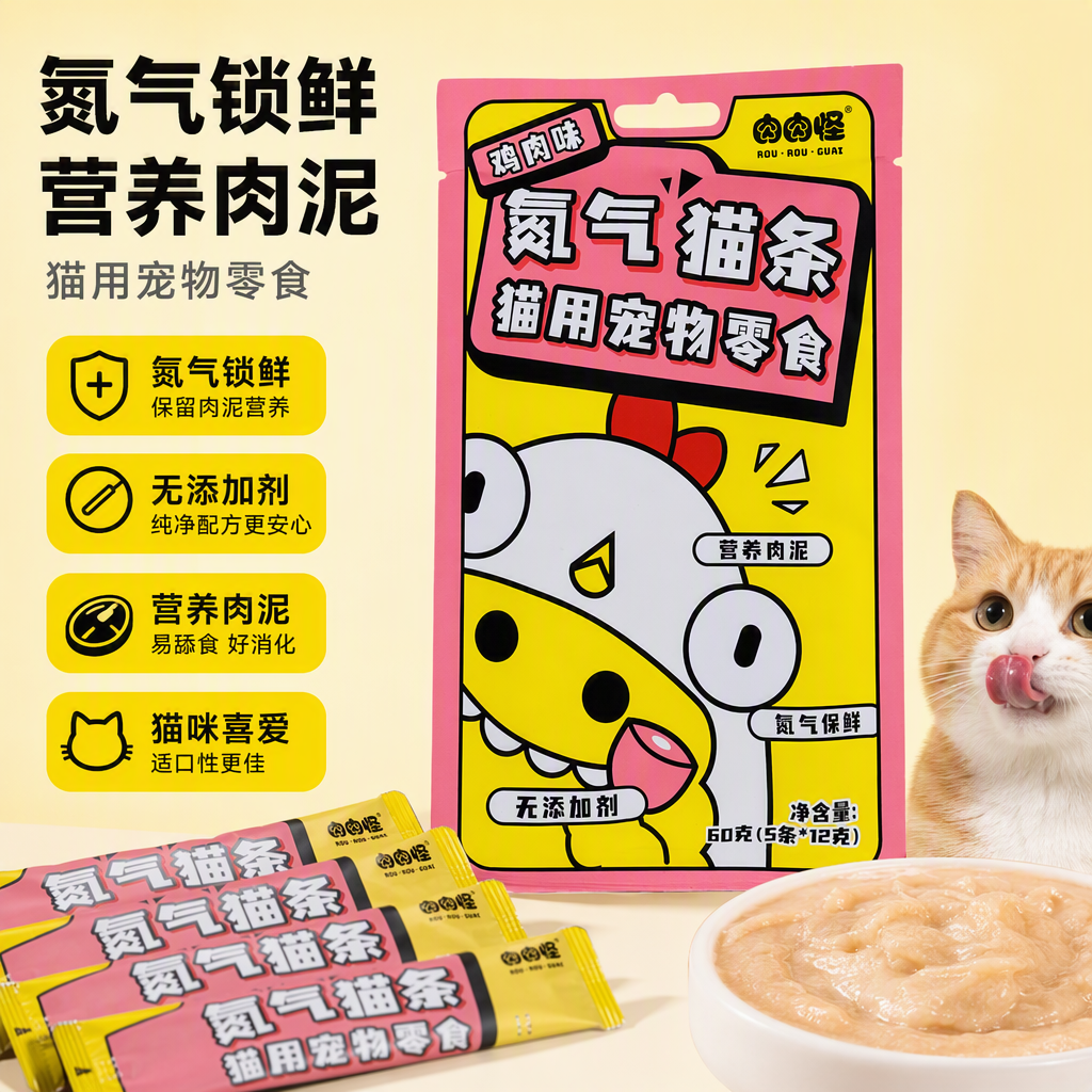 Full-price, full-period cat strip pet wet food, high-protein, fresh-locking, nutritious meat puree with chicken flavor