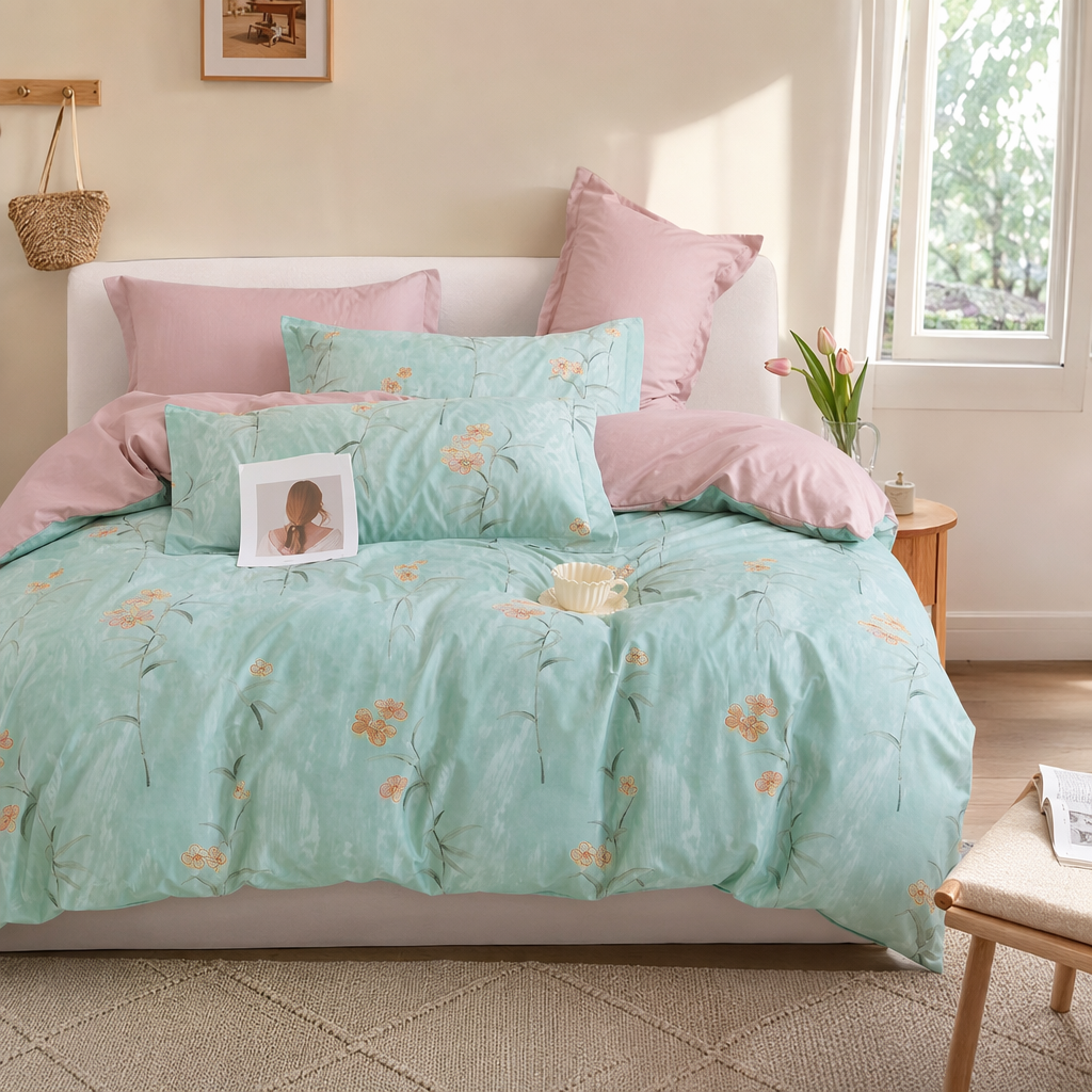 Light green floral pattern bedding set of four pieces, pure cotton, skin-friendly and simple style details Picture