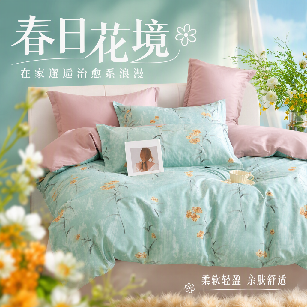 Light green floral pattern bedding set of four pieces, pure cotton, skin-friendly and simple style Specification image