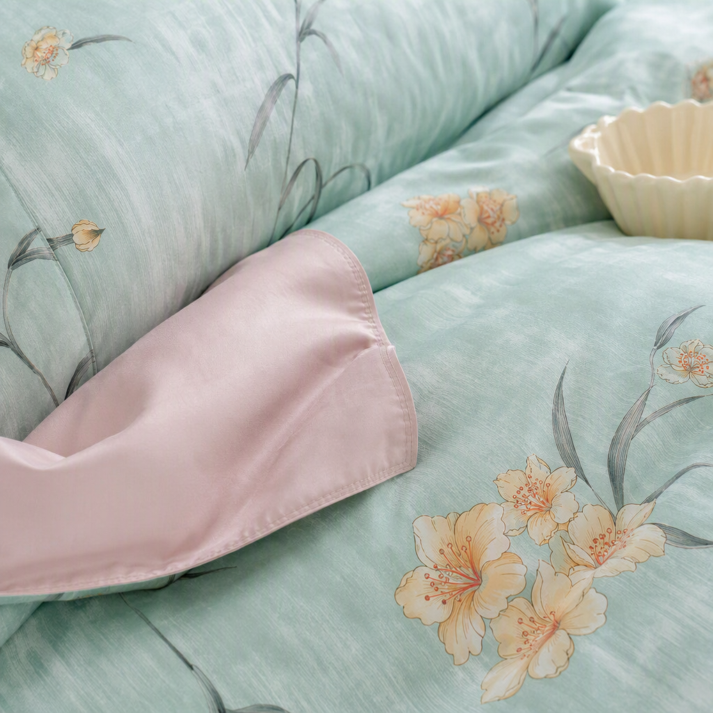 Light green floral pattern bedding set of four pieces, pure cotton, skin-friendly and simple style Application Scenario