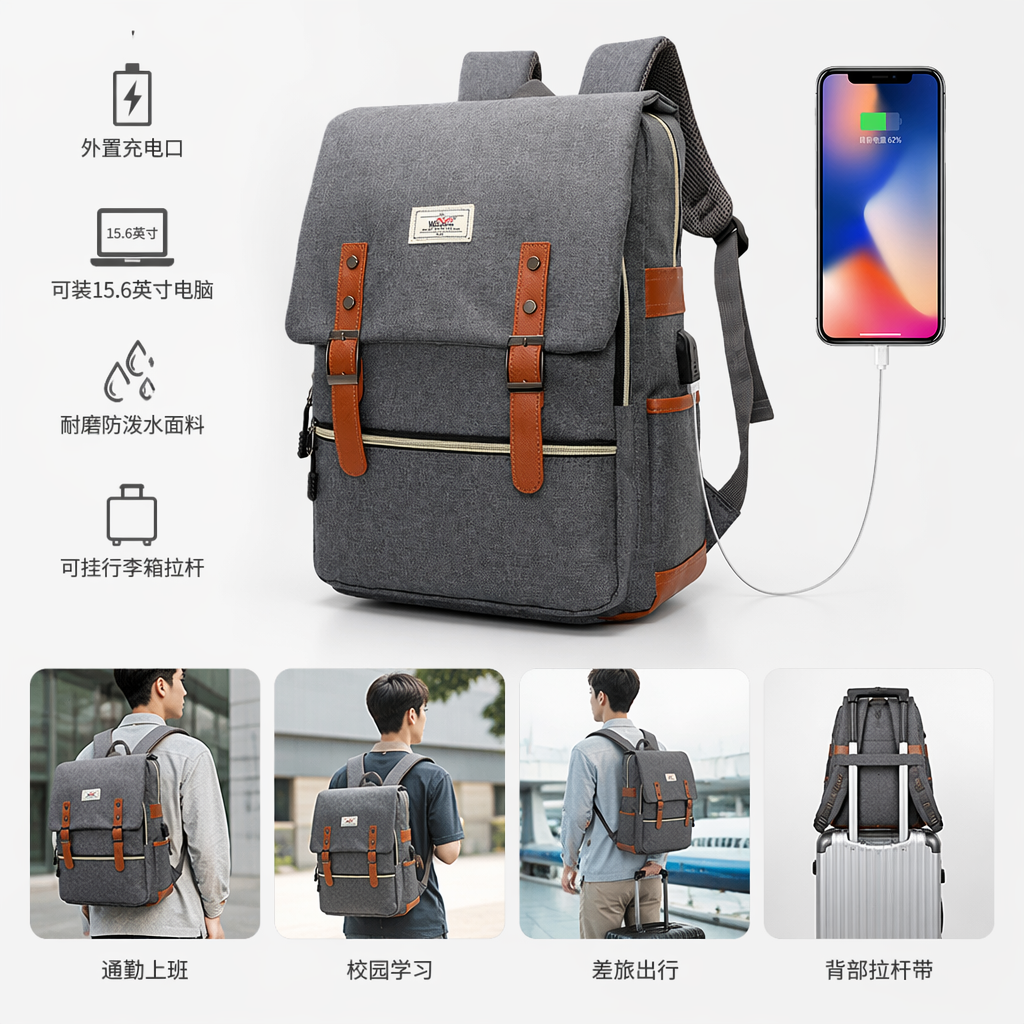 The grey backpack with brown leather trim and a USB charging port can charge smartphones