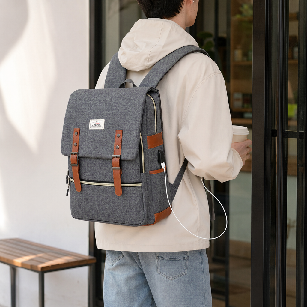 The grey backpack with brown leather trim and a USB charging port can charge smartphones details Picture