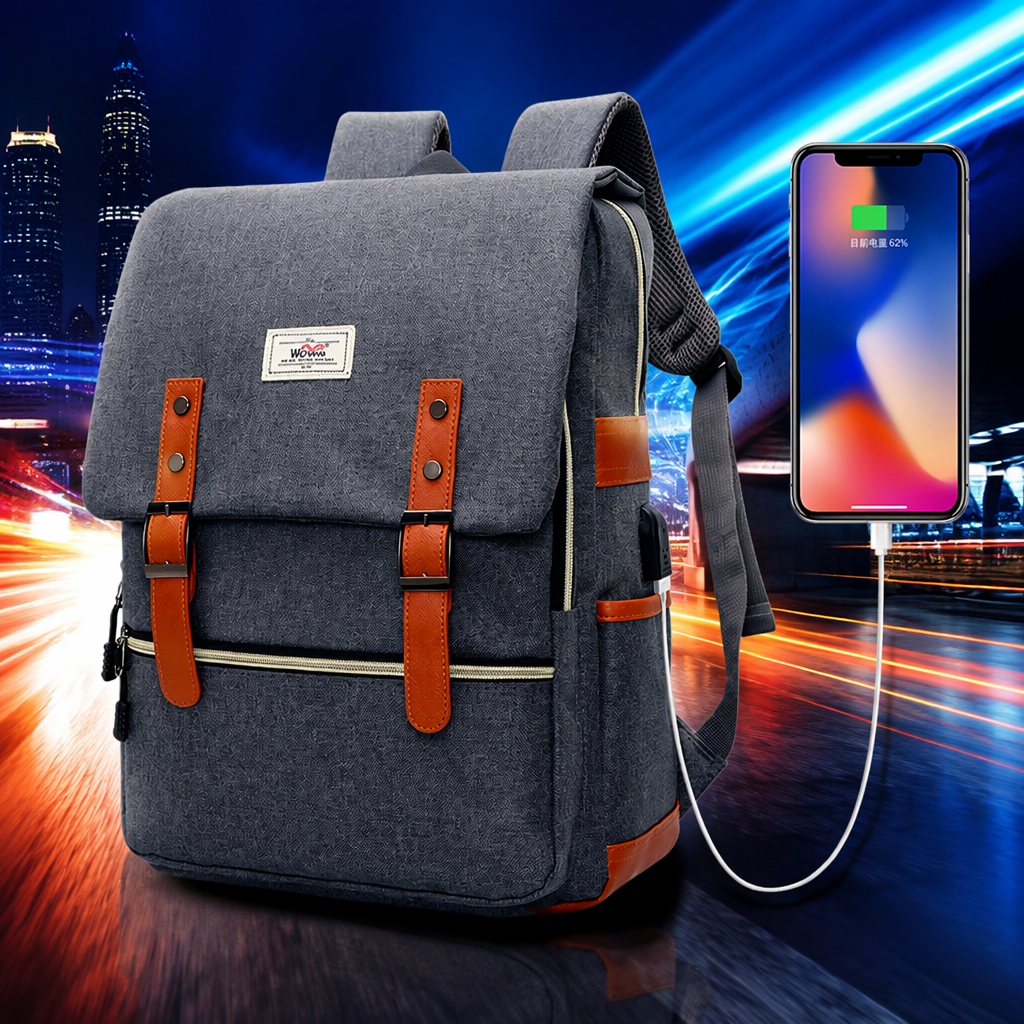 The grey backpack with brown leather trim and a USB charging port can charge smartphones Specification image