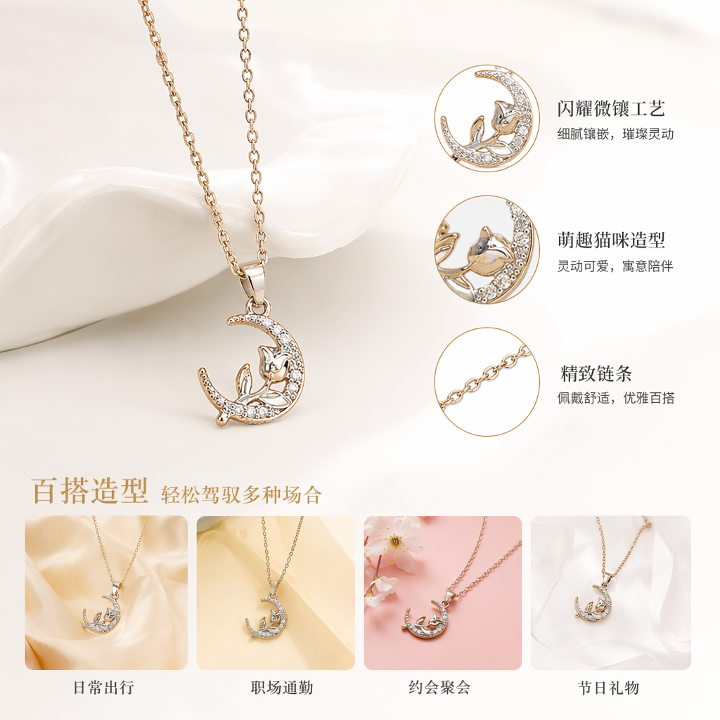 Silver crescent-shaped pendant necklace, fashionable, simple and versatile collarbone chain