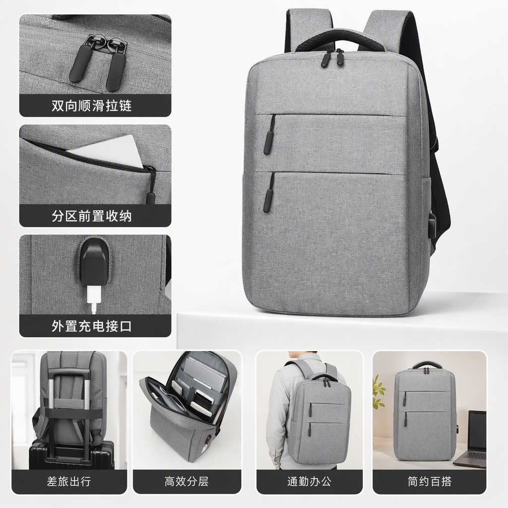 The grey backpack is simple and has a large capacity. It is a lightweight and durable student commuting travel backpack
