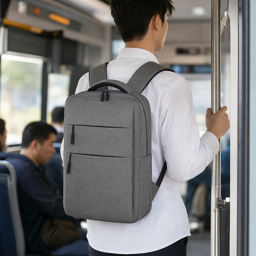 The grey backpack is simple and has a large capacity. It is a lightweight and durable student commuting travel backpack details Picture