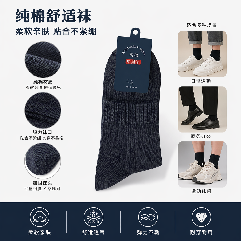 Navy blue pure cotton socks, comfortable, sweat-absorbing and breathable mid-calf socks for both men and women