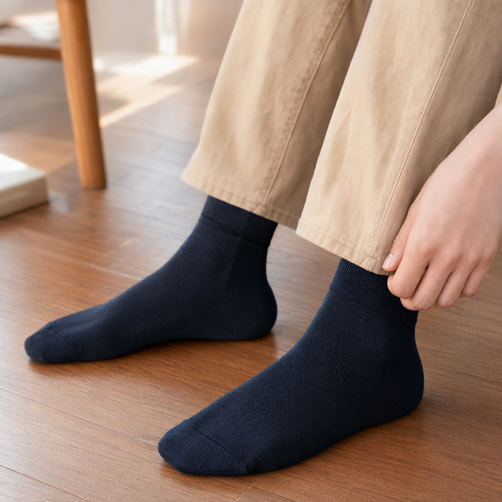 Navy blue pure cotton socks, comfortable, sweat-absorbing and breathable mid-calf socks for both men and women details Picture