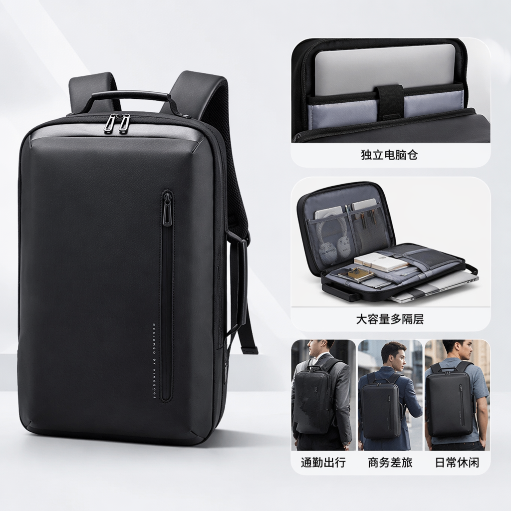Black simple business casual backpack, suitable for both men and women, lightweight and large-capacity for commuting and travel