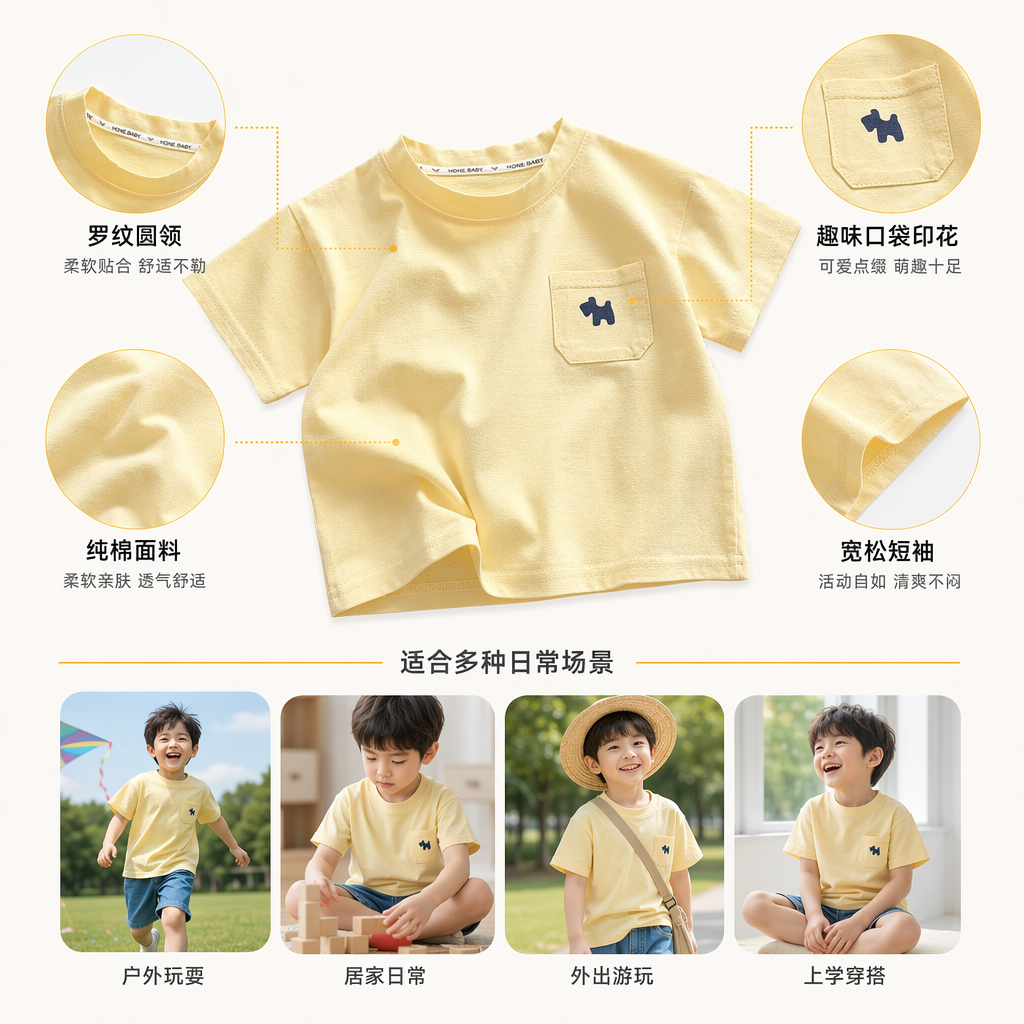 淡黄色儿童短袖T恤胸前蓝色小狗图案口袋款