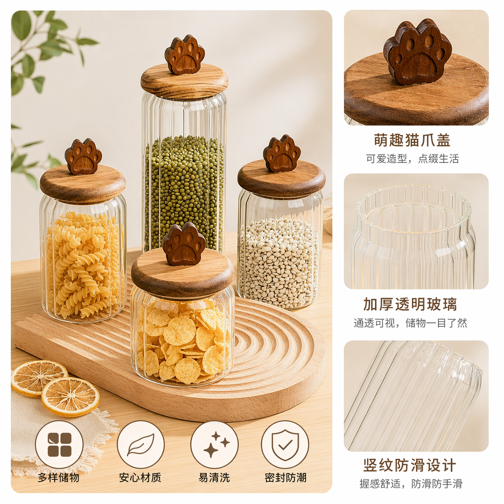 木质paw印章盖玻璃储物罐 内装绿豆螺旋意面玉米片白扁豆