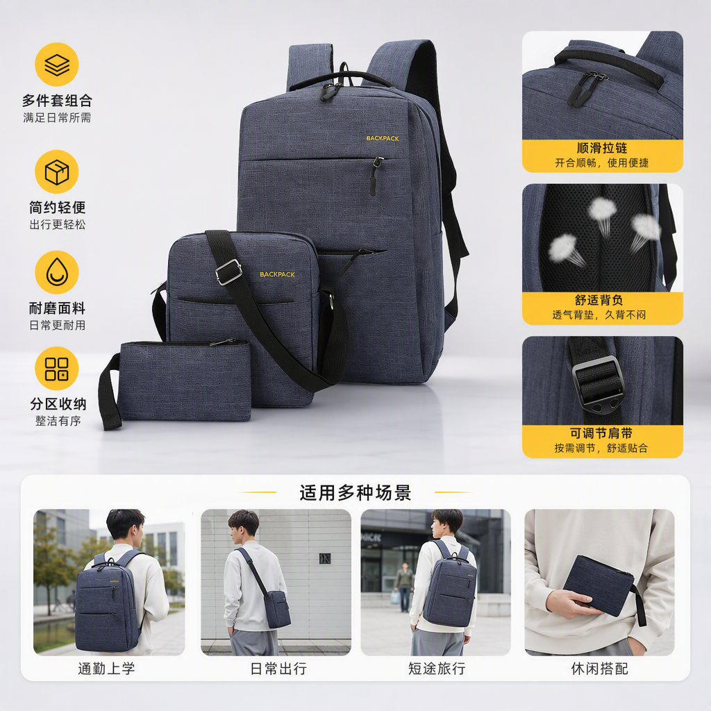 Deep blue backpack set for both men and women, casual commuting, large capacity, lightweight and durable