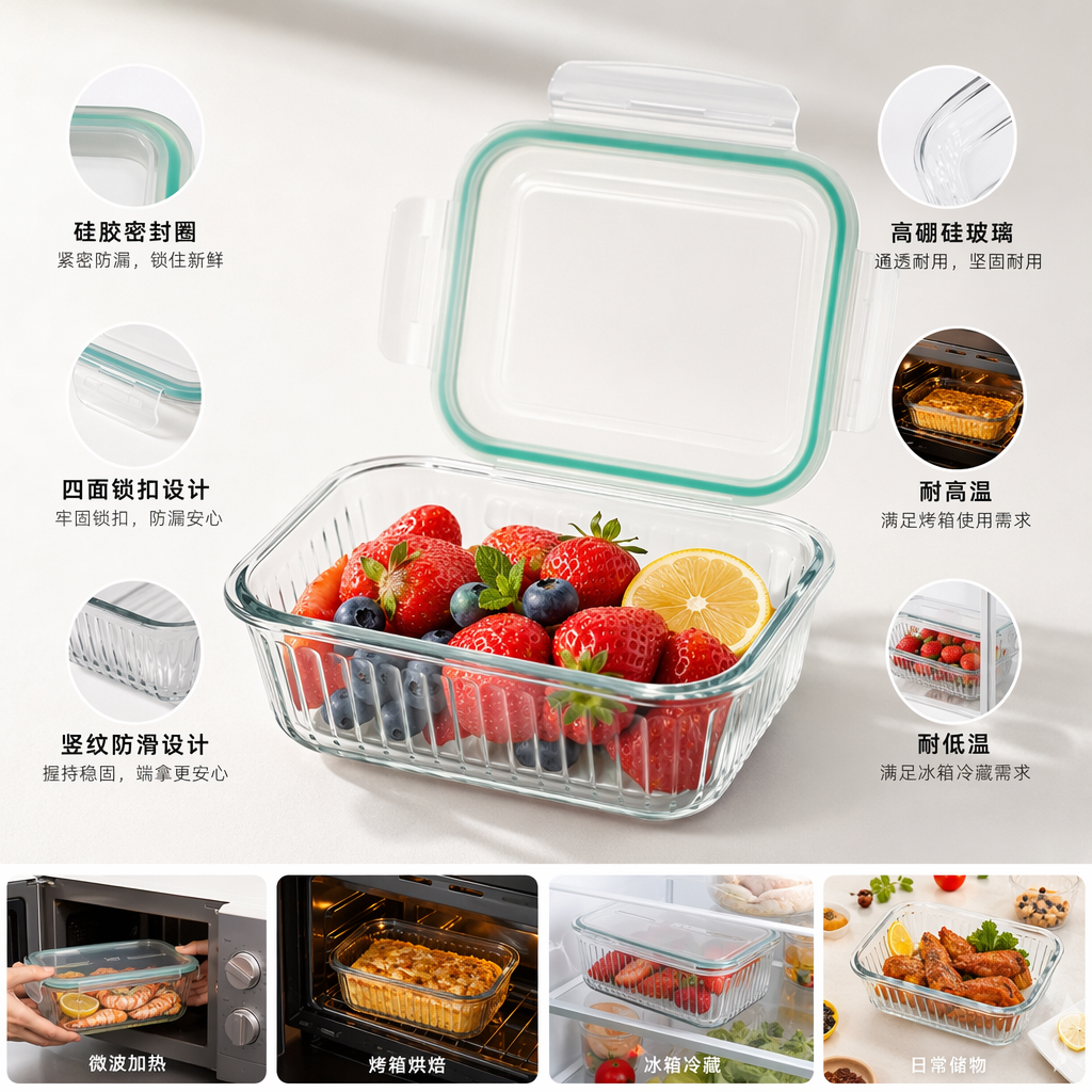 透明玻璃保鲜盒带青绿色硅胶密封圈透明盖