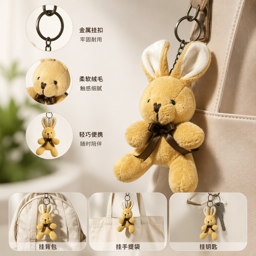 The yellow plush bear pendant is cute and adorable. The keychain bag is decorated with plush toys