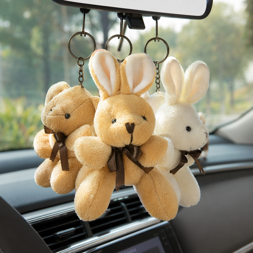 The yellow plush bear pendant is cute and adorable. The keychain bag is decorated with plush toys details Picture