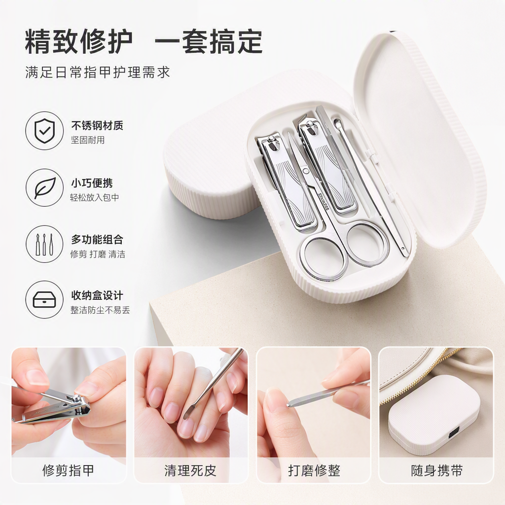 The white nail clipper set includes nail clippers, nail clippers, small scissors, ear scoops and metal tools
