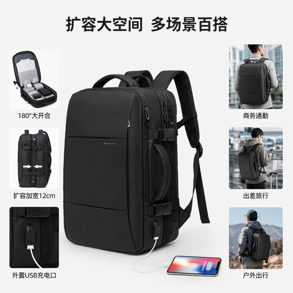 The black backpack features a high-elasticity shoulder strap that is water-resistant and lightweight for commuting and casual use