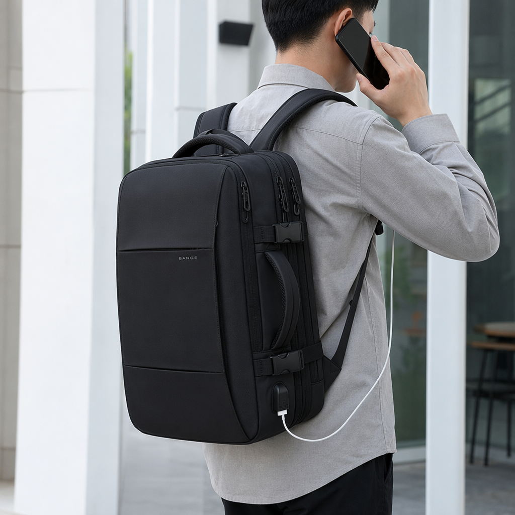 The black backpack features a high-elasticity shoulder strap that is water-resistant and lightweight for commuting and casual use details Picture