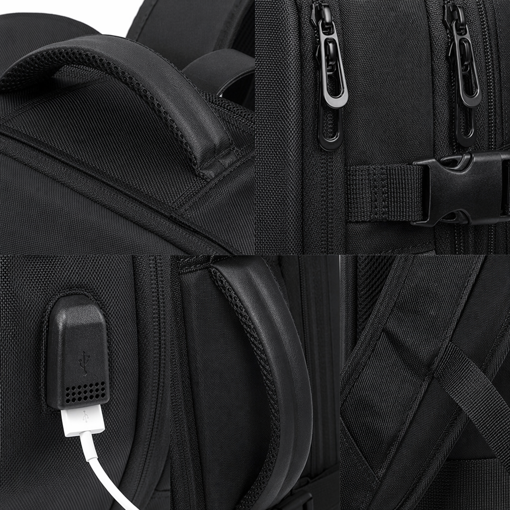 The black backpack features a high-elasticity shoulder strap that is water-resistant and lightweight for commuting and casual use Application Scenario