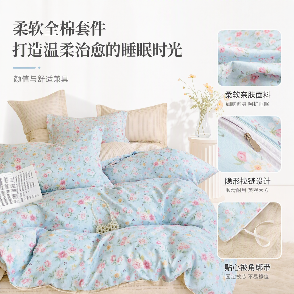 Light blue floral bedding set, all-cotton and pure cotton four-piece set with pillowcase and quilt cover