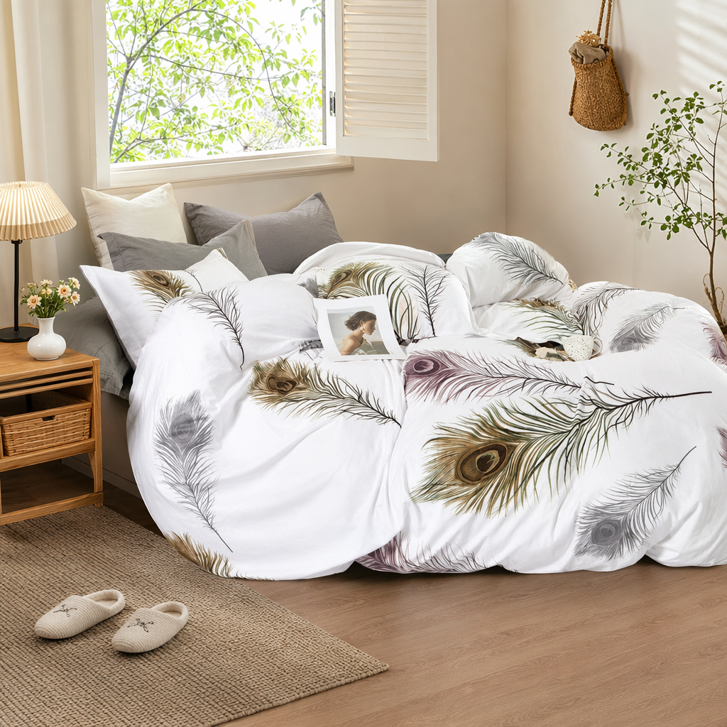 Color blanco plumas patrón cama juego de cuatro piezas algodón simple viento dormitorio textil hogar details Picture