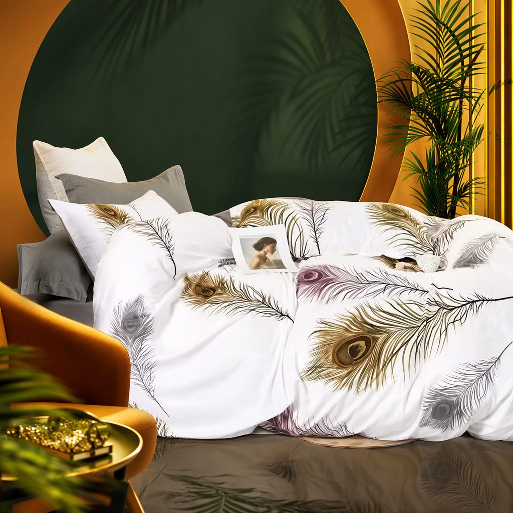 Color blanco plumas patrón cama juego de cuatro piezas algodón simple viento dormitorio textil hogar Specification image