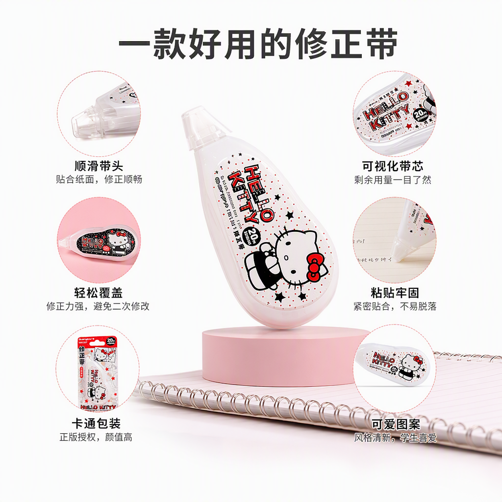 广博正版Hello Kitty修正带 20米大容量三丽鸥联名学生改错带不断带涂改带