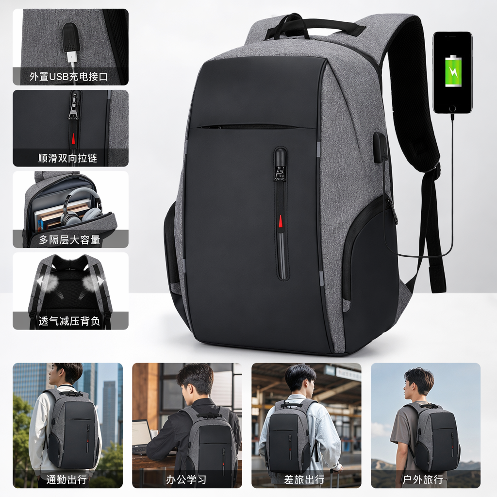 A fashionable and casual backpack in gray and black color combinations