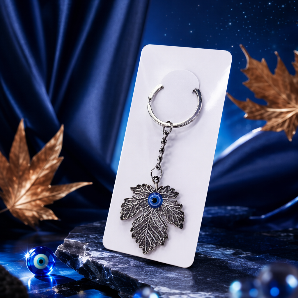 Forma de hoja de uva plata llavero corazón de hoja ojos azules adornos de cuentas anillos de metal torsión cuerda cadena tarjeta blanca bolsa transparente Specification image