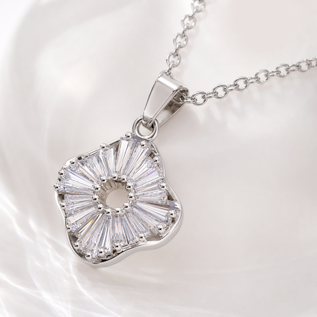 The silver chain necklace with a flower-shaped pendant is a simple, fashionable and versatile ladies' accessory Application Scenario