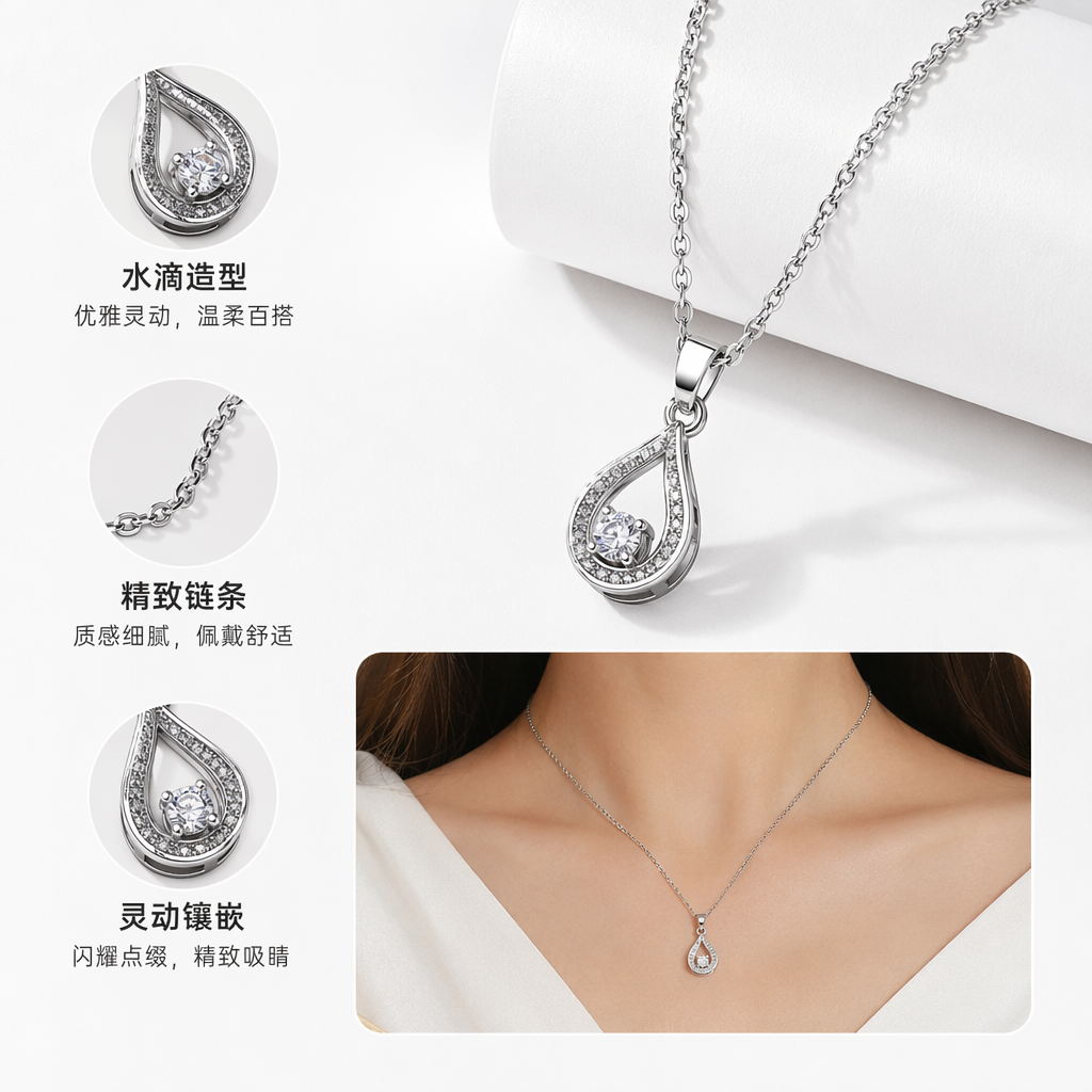 Silver teardrop-shaped pendant necklace, fashionable, simple and versatile collarbone chain
