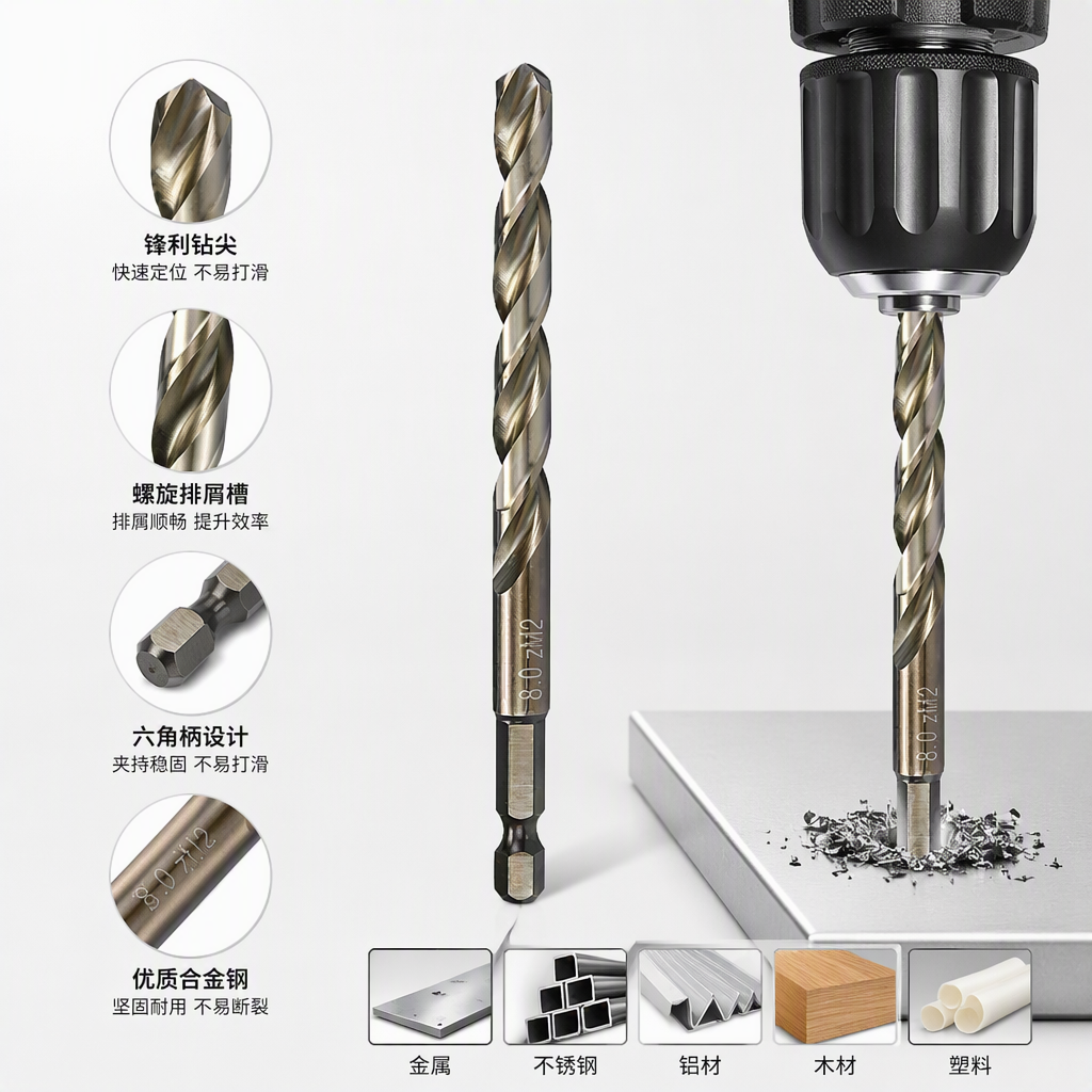 The silver twist drill bit, a metal drilling tool, features a high-hardness and durable helical cutting edge