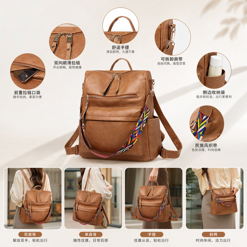 The brown leather backpack is simple, versatile, lightweight and has a large capacity for student commuting