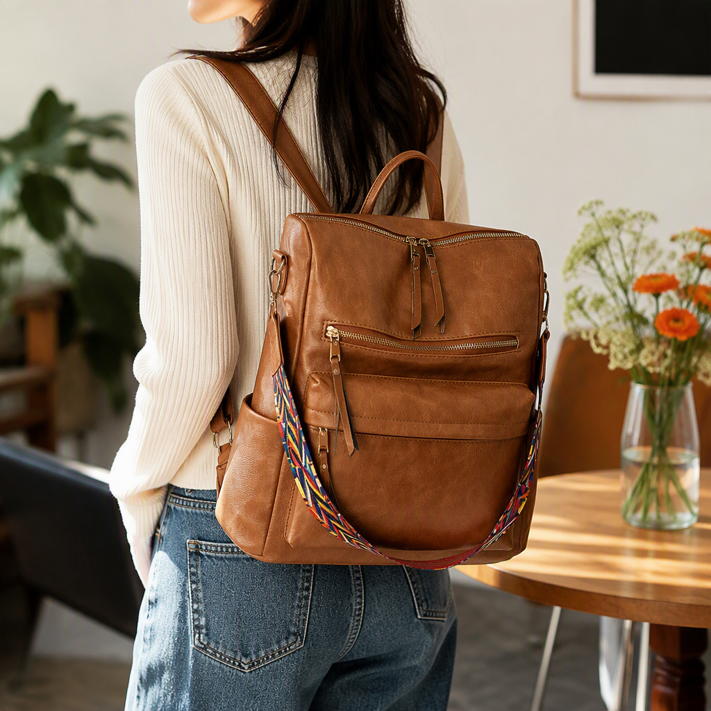 The brown leather backpack is simple, versatile, lightweight and has a large capacity for student commuting details Picture