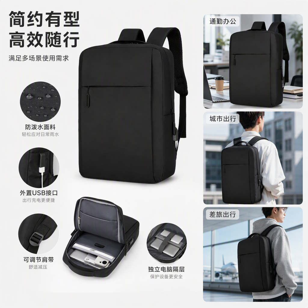 Black backpack, nylon waterproof, simple business and casual backpack for commuting
