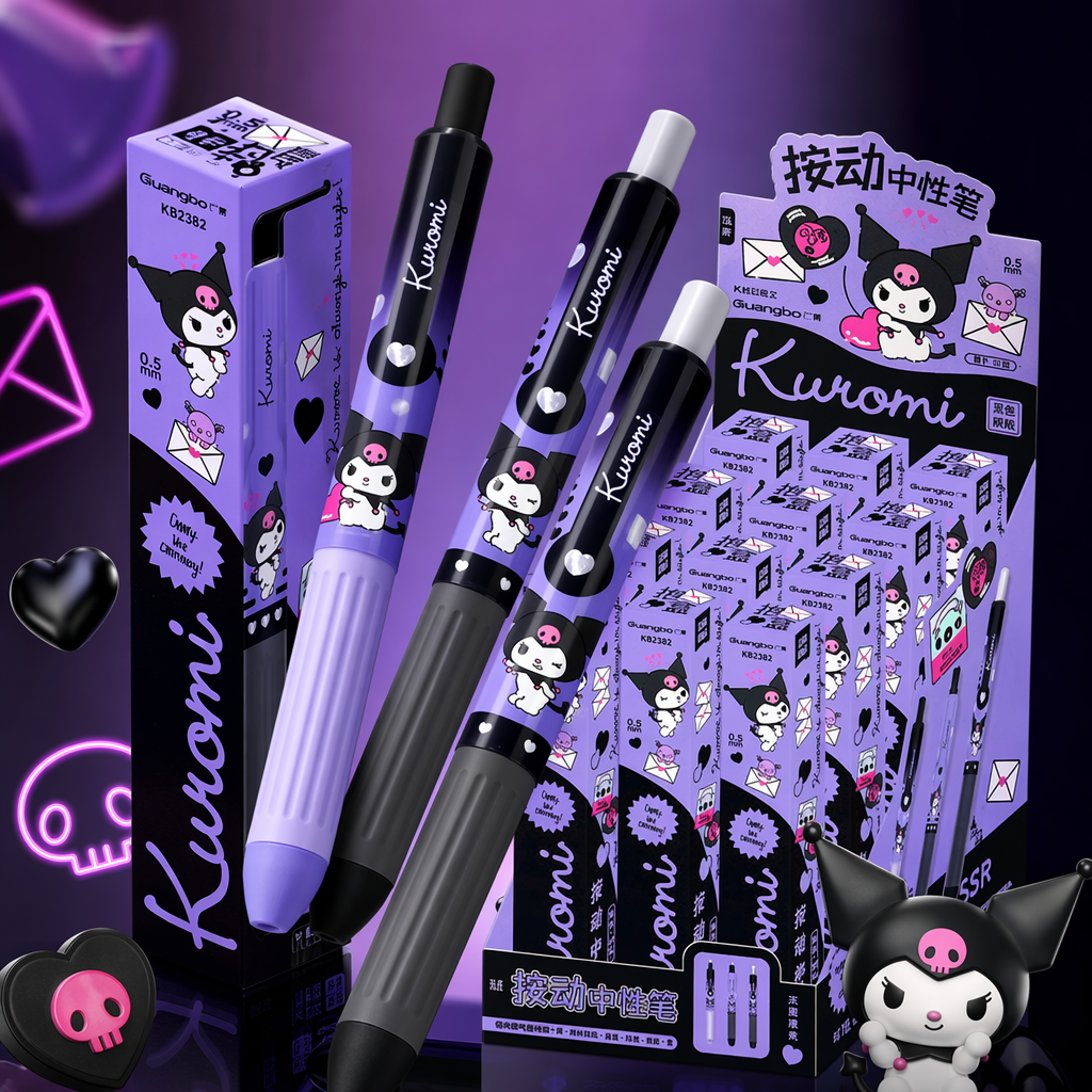 Purple Kuromi-themed press gel pen with packaging box Specification image
