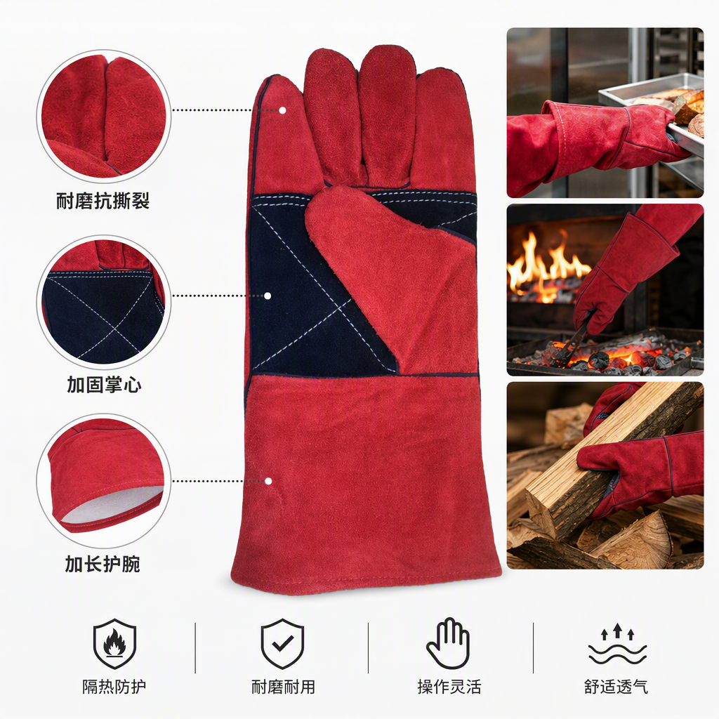 Red long-sleeved cowhide gloves, genuine leather, warm and anti-slip, unisplicate