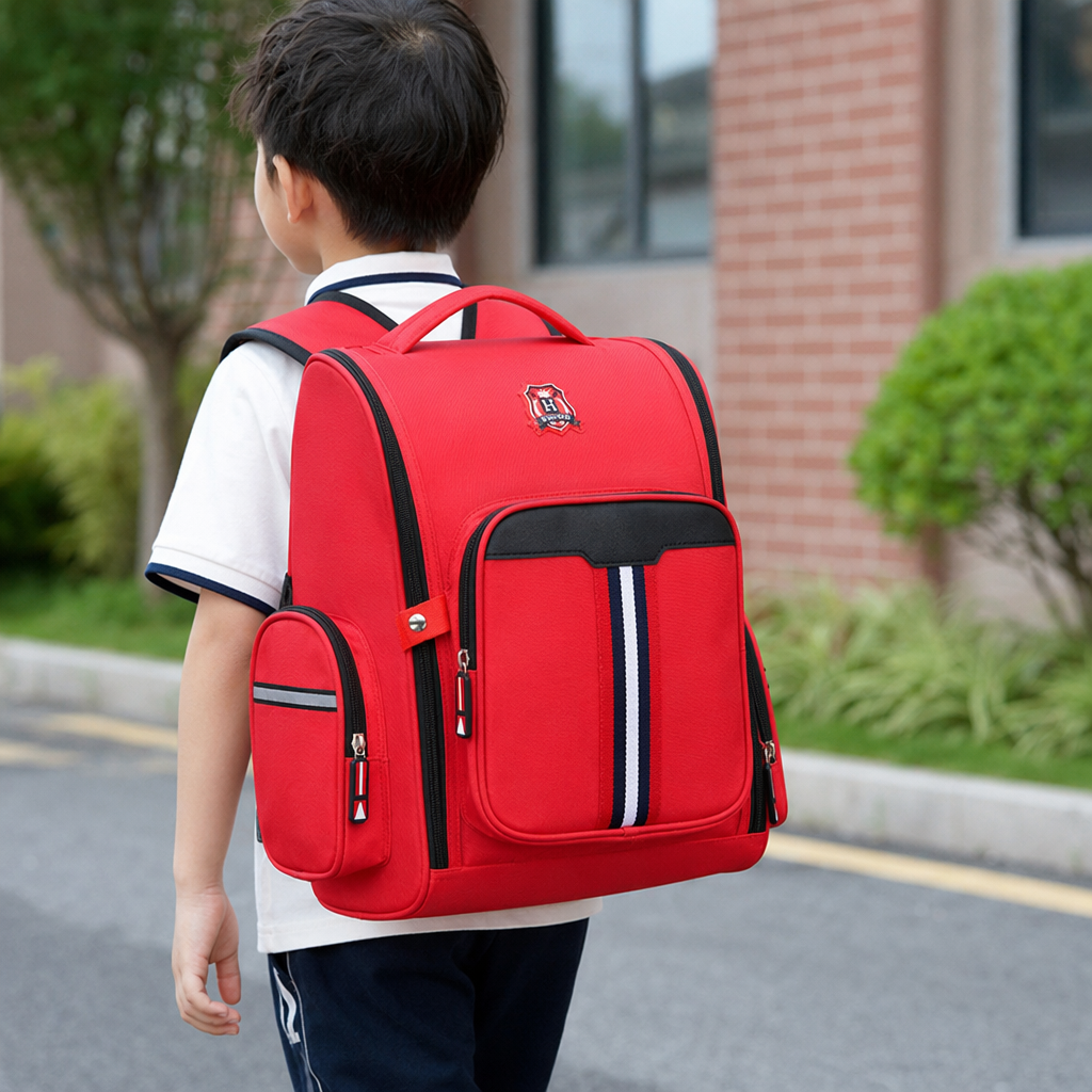 The red schoolbag is a lightweight and waterproof backpack for girls and primary school students, with a large capacity for stationery storage details Picture