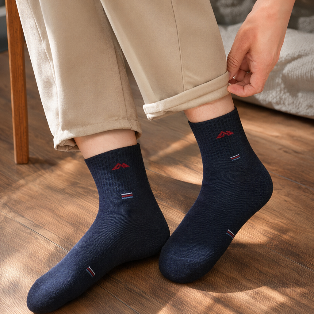 Deep blue pure cotton men's mid-calf socks are comfortable, breathable and sweat-absorbent details Picture