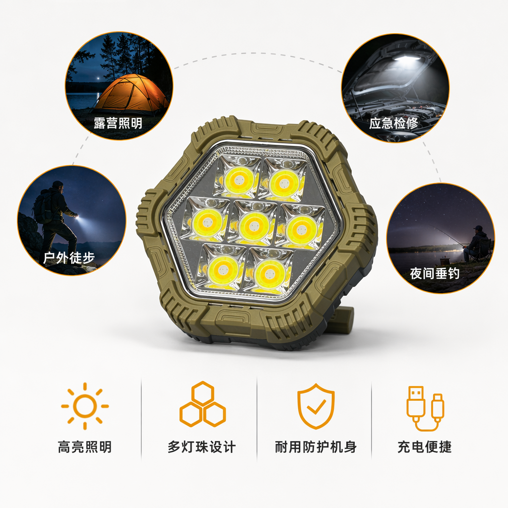 Military green hexagonal LED work light, iron heat dissipation shell, 360-degree adjustable bracket, suitable for both indoor and outdoor use