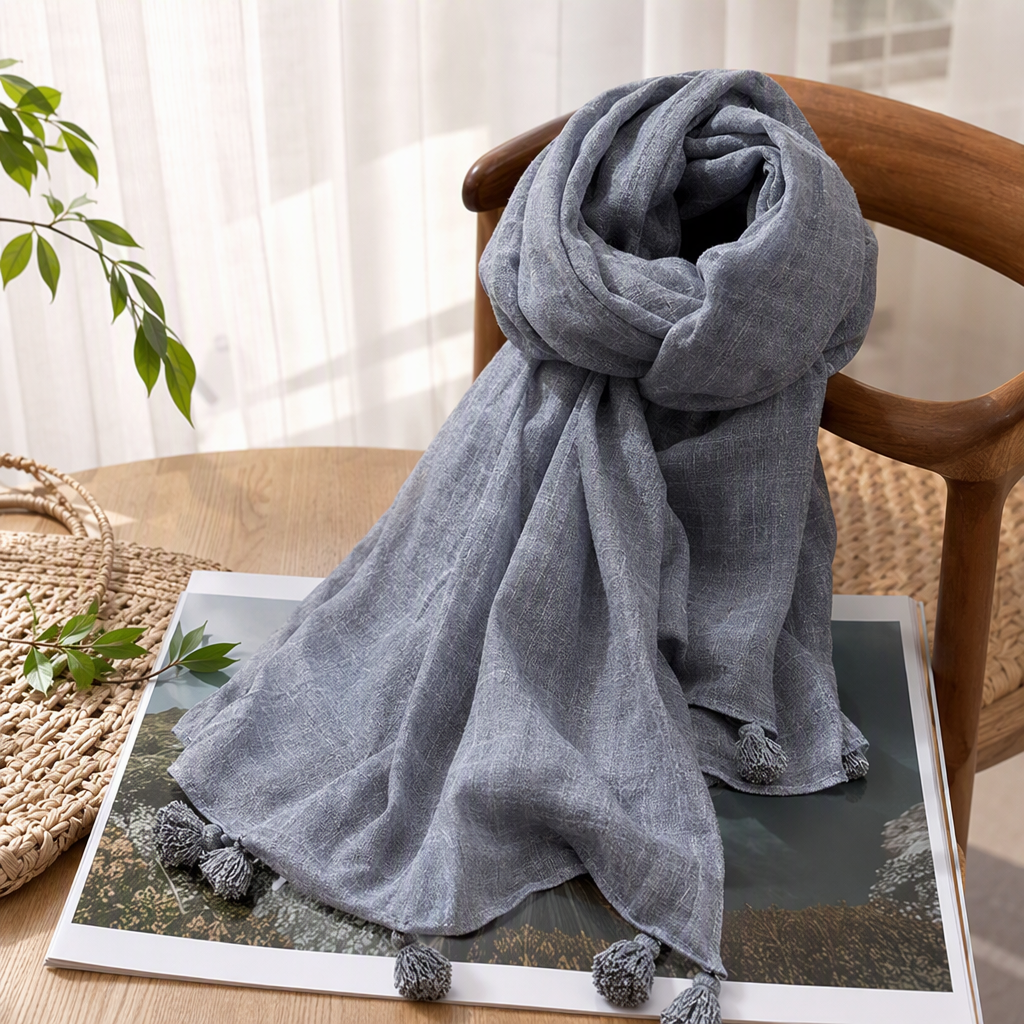 Light blue fringed scarf, pure cotton, warm, versatile women's scarf for autumn and winter details Picture