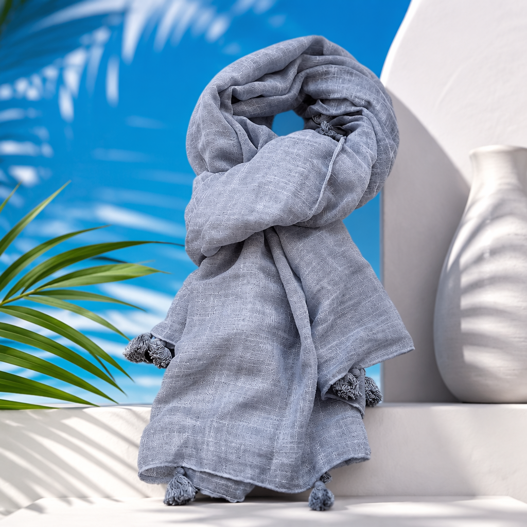 Light blue fringed scarf, pure cotton, warm, versatile women's scarf for autumn and winter Specification image