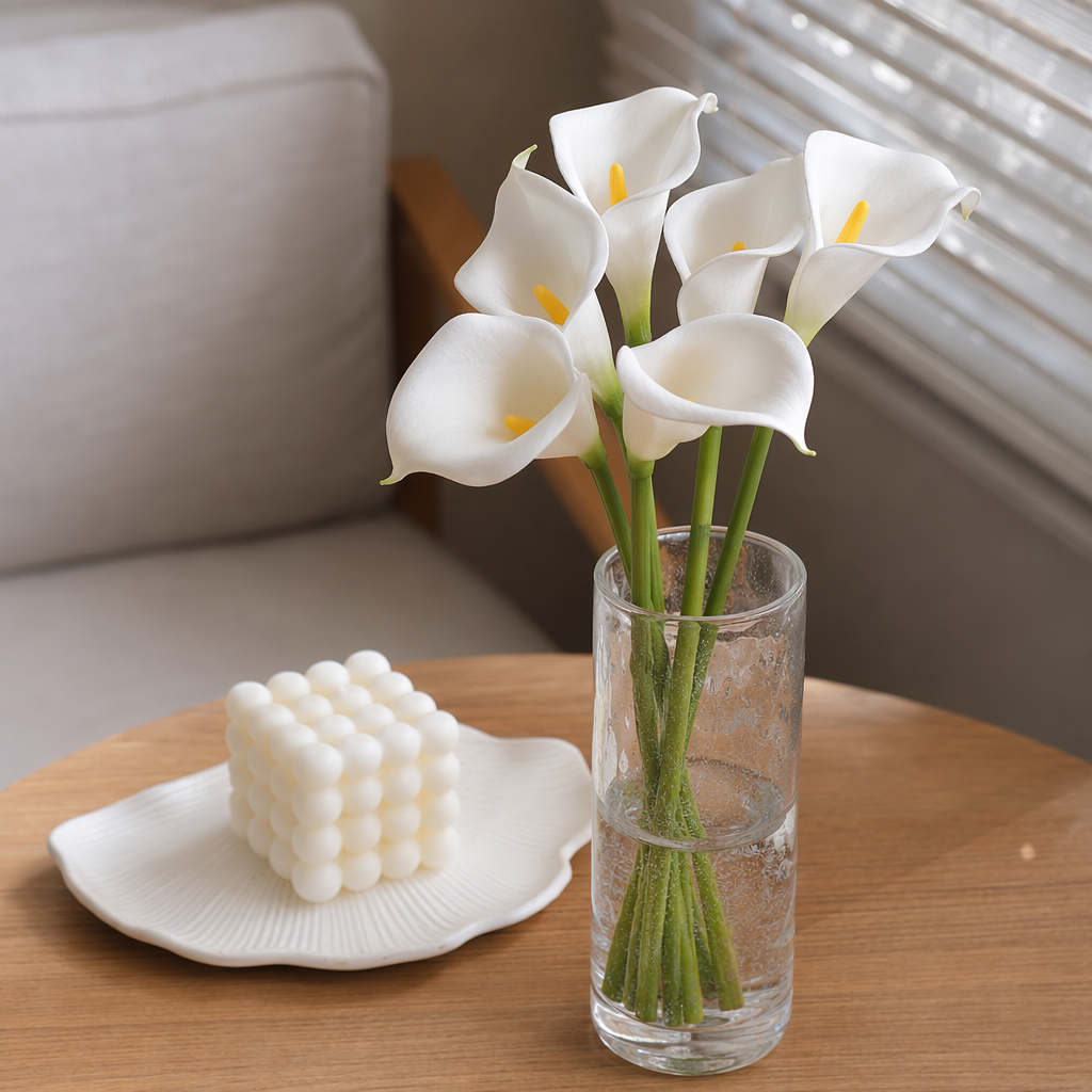 White calla lily bouquets are used as decorative items for the living room and bedroom details Picture