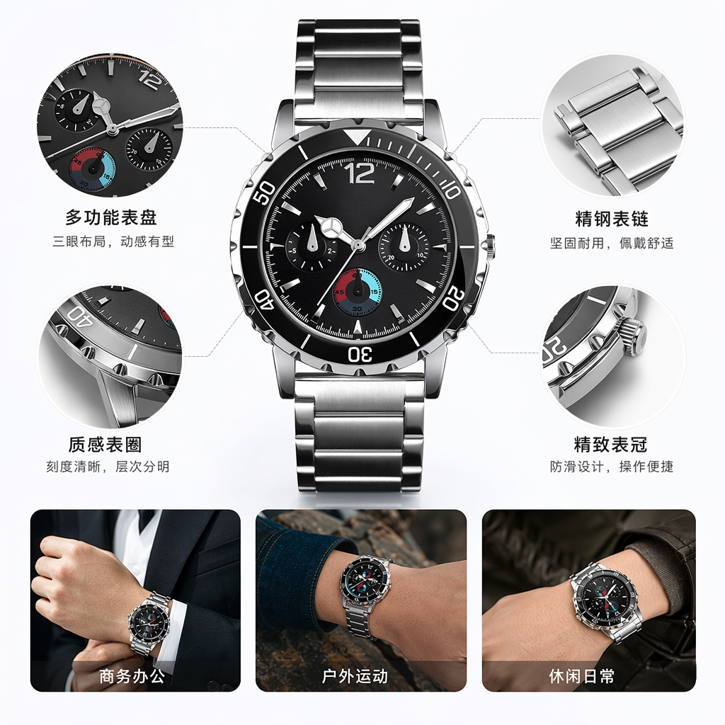 Fashion accessories, electronic watches, metal straps, business quartz wristwatches
