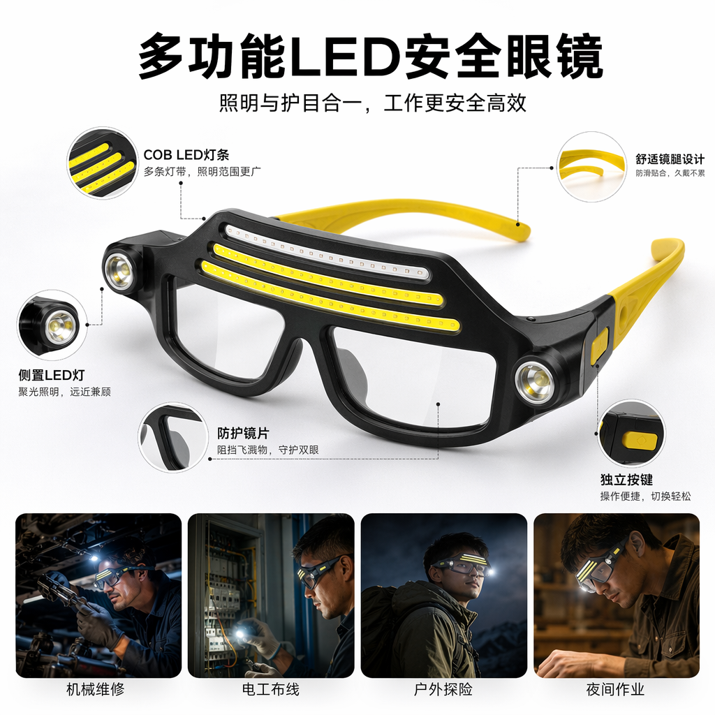 Yellow light strip safety glasses, protective glasses, work lighting goggles, adjustable head-mounted type
