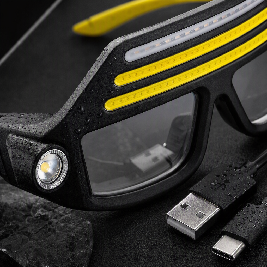 Yellow light strip safety glasses, protective glasses, work lighting goggles, adjustable head-mounted type Application Scenario